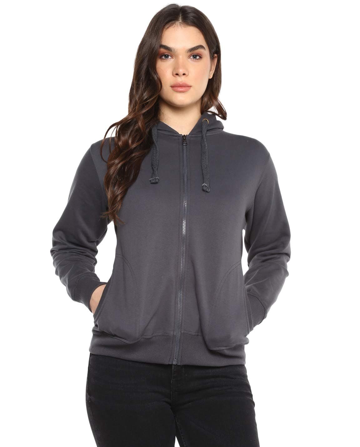 Alan Jones Clothing Women's Solid Zipper Hooded Sweatshirt | Front Zip, Ribbed Hem, Lined Hood, Casual Winter Wear (Stone_2XL)