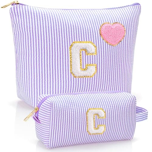 YILANCOL Initial Makeup Bag Personalized Preppy Cosmetic Bag Trendy Toiletry Travel Bag For Teen Girls Kids Women Letter Makeup Pouch Purse Holiday Gifts Birthday Gifts 2pack C Purple