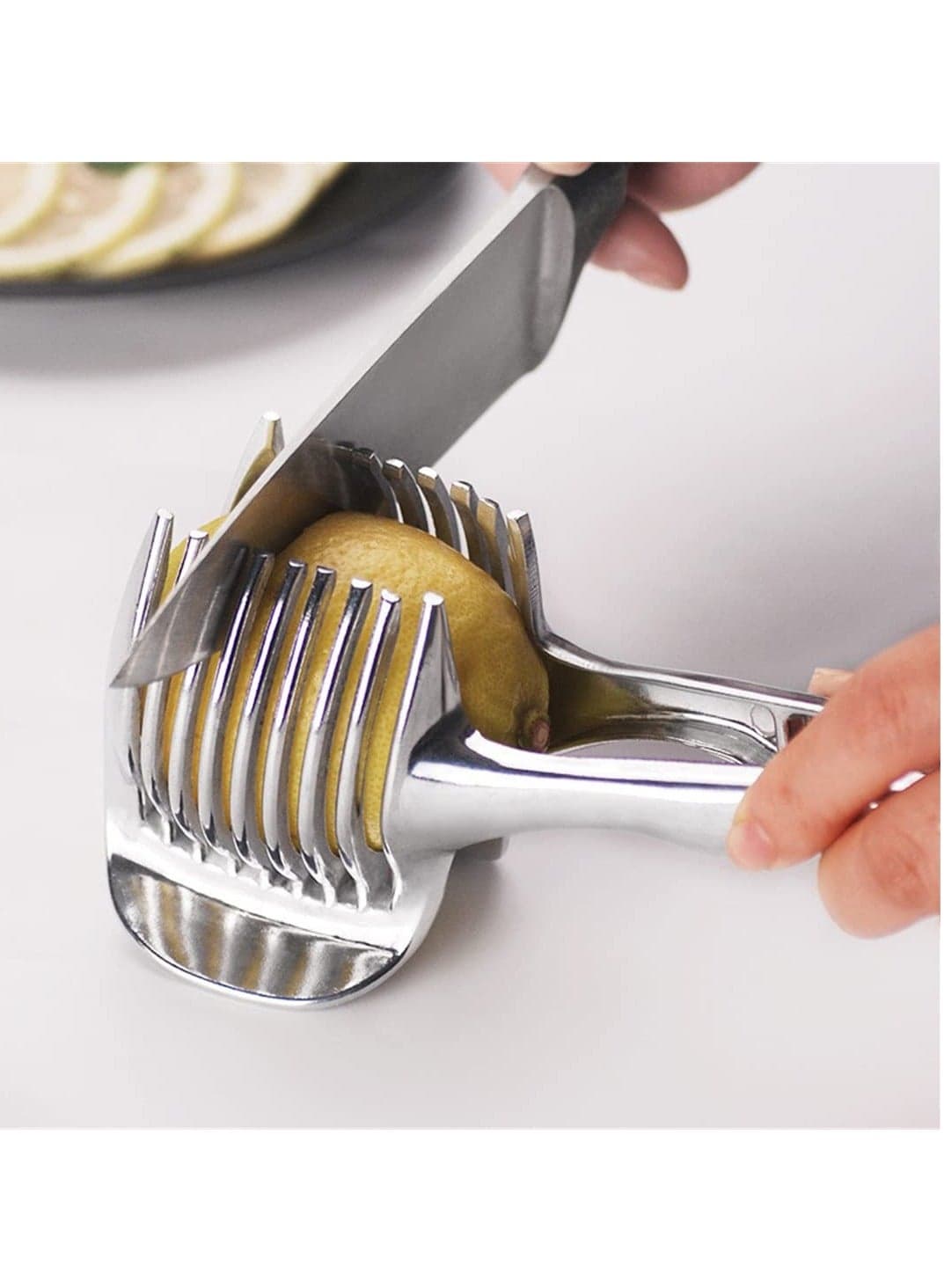 Handy Stainless Slicer Holder, Sharp Stainless Steel Food Slicer Assistant Tool, Safety Cooking Tools Accessories, for Fruit Lemon, Onion, Potato, Tomato Vegetable Slicer
