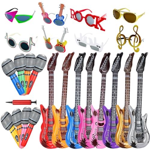 Large Rock Star Funny Sunglasses Set, Rock and Roll Party Funny Music Sunglasses, Inflatable Guitar Microphone for 70s, 80s, 90s, Music Party, Photo Booth Props for Carnival Rock and Roll Party