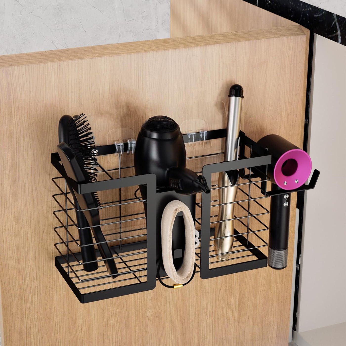 FUNKYLEE Hair Tool Organizer Hair Dryer Holder 3 in 1 Metal Bathroom Organizer Wall Mount for Flat Iron Curling Iron Straightener Styling Tools Bathroom Storage and Organizer Black