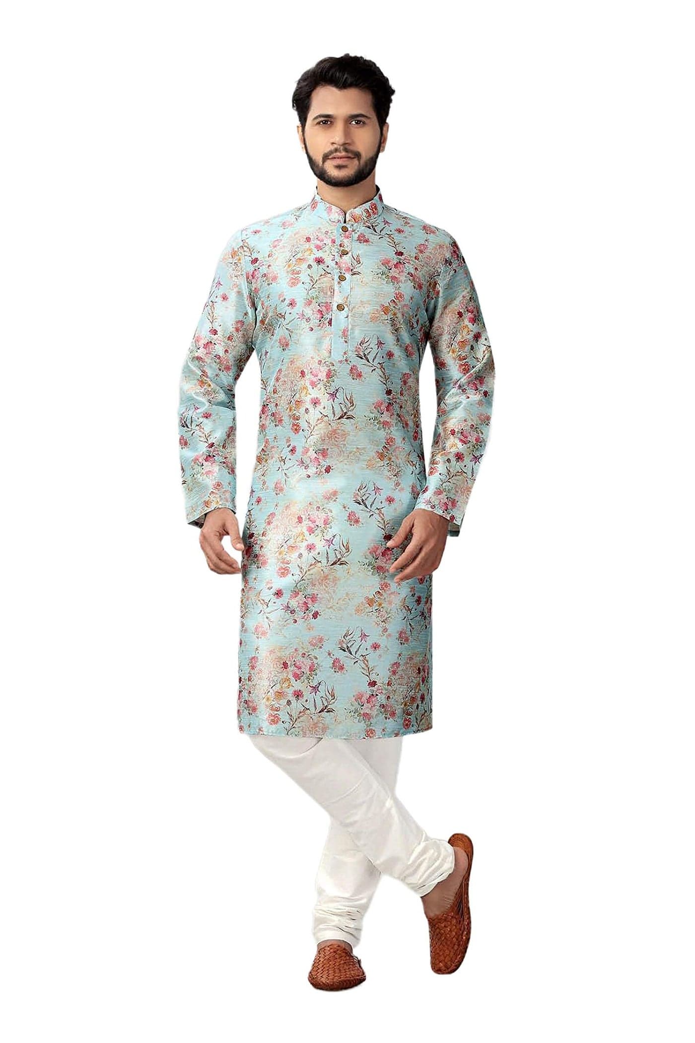 Logass Men's Silk Blend Printed Kurta Pyjama Set (Dp-Le 010-Xl) Sky Blue
