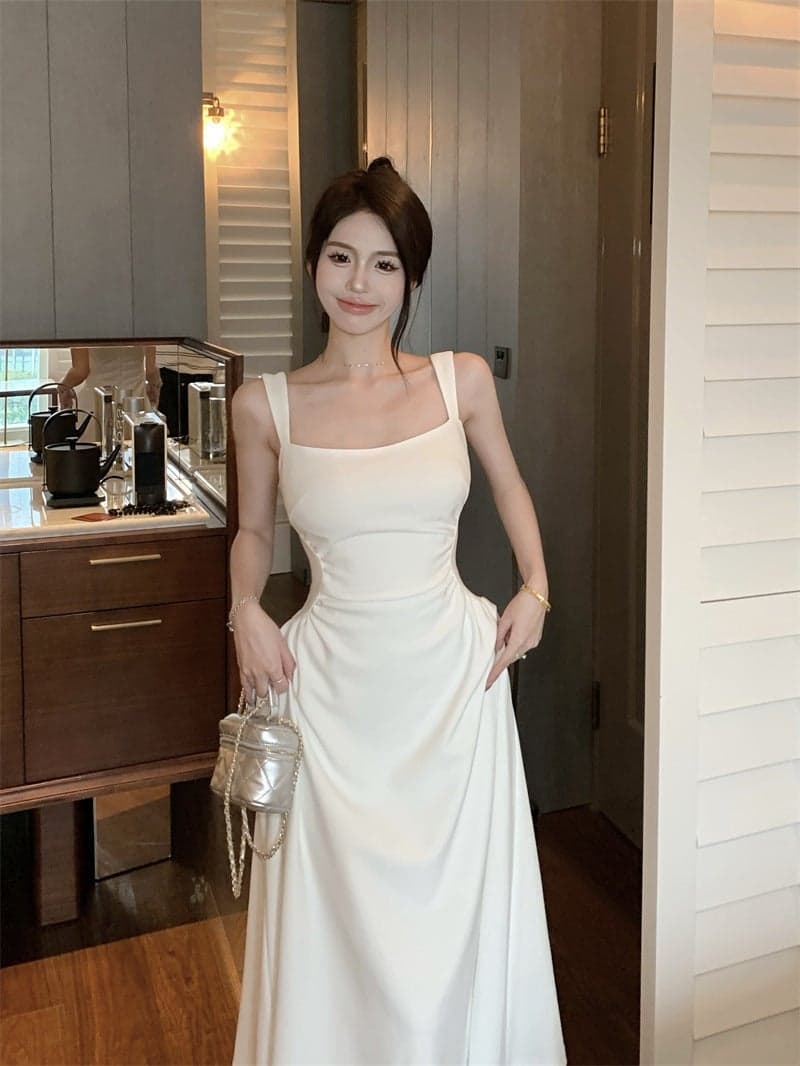Tight Waist Square Collar Sling Solid Color Dress French Slim Temperament Gentle Dress Summer