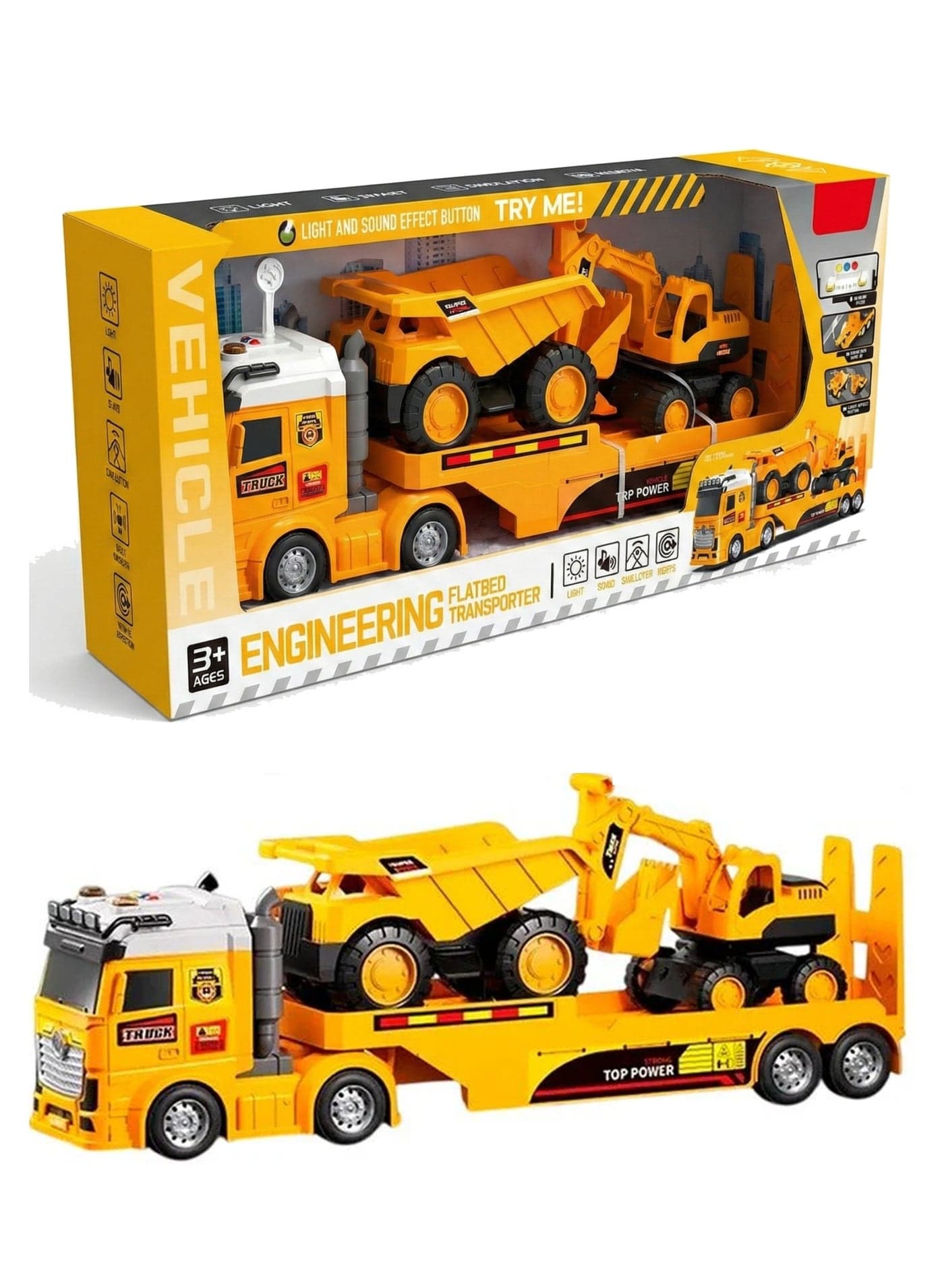 Engineering Flatbed Transporter Construction Carrier Truck Toy for Boys – Large Yellow Flatbed Semi Trailer with Excavator & Dump Truck | Friction Powered Engineering Vehicle Set with Lights & Sounds | Sandbox Transport Playset | Birthday Gift for Kids 3+ Years