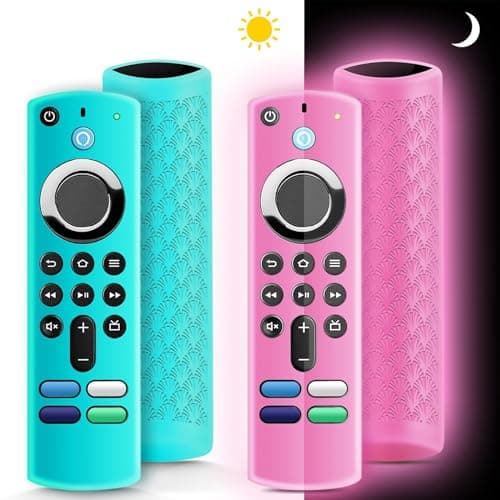 (2 Pack) ONEBOM Silicone TV Remote Cover Case, Anti Slip Silicone Protective Control Case Cover with Lanyard(Glow Pink&Sky Blue)