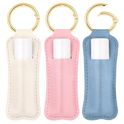 LUCKINEE 3PCS Lip Balm Holder For ChapStick Key Chain Lipstick Holder Key Chain, PU Leather Lip Balm Holder Pouch Keychain Lip Gloss Keychain With O Spring Key Chains Women Cute