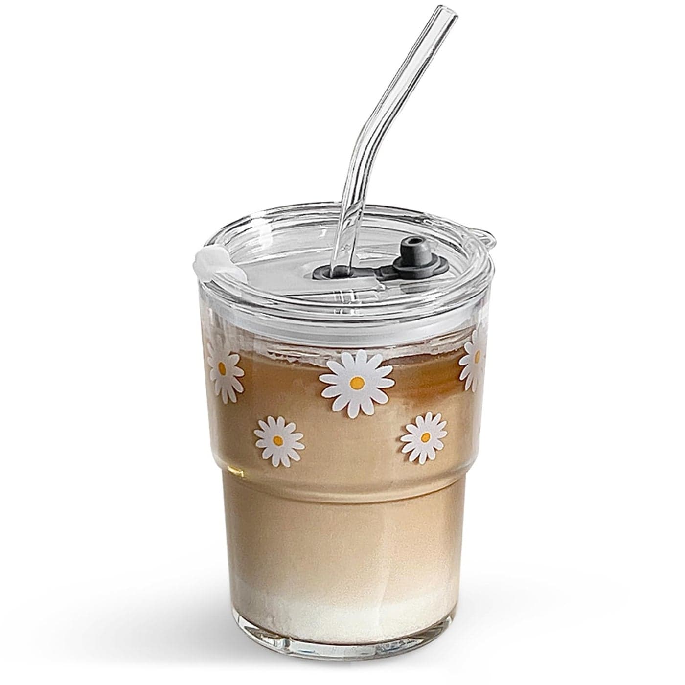 Olvini 13oz Glass Tumbler with Straw and Lid Reusable Iced Coffee Cup Tumbler Cute Glass Cups for Water Matcha Travel Coffee Mugs Daisy