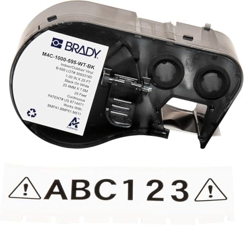 Brady Authentic M4C1000595WTBK AllWeather Vinyl Labels 1 in W x 25ft Black on White for use with BMP41 BMP51 M410 M510 and M511 Label Printers