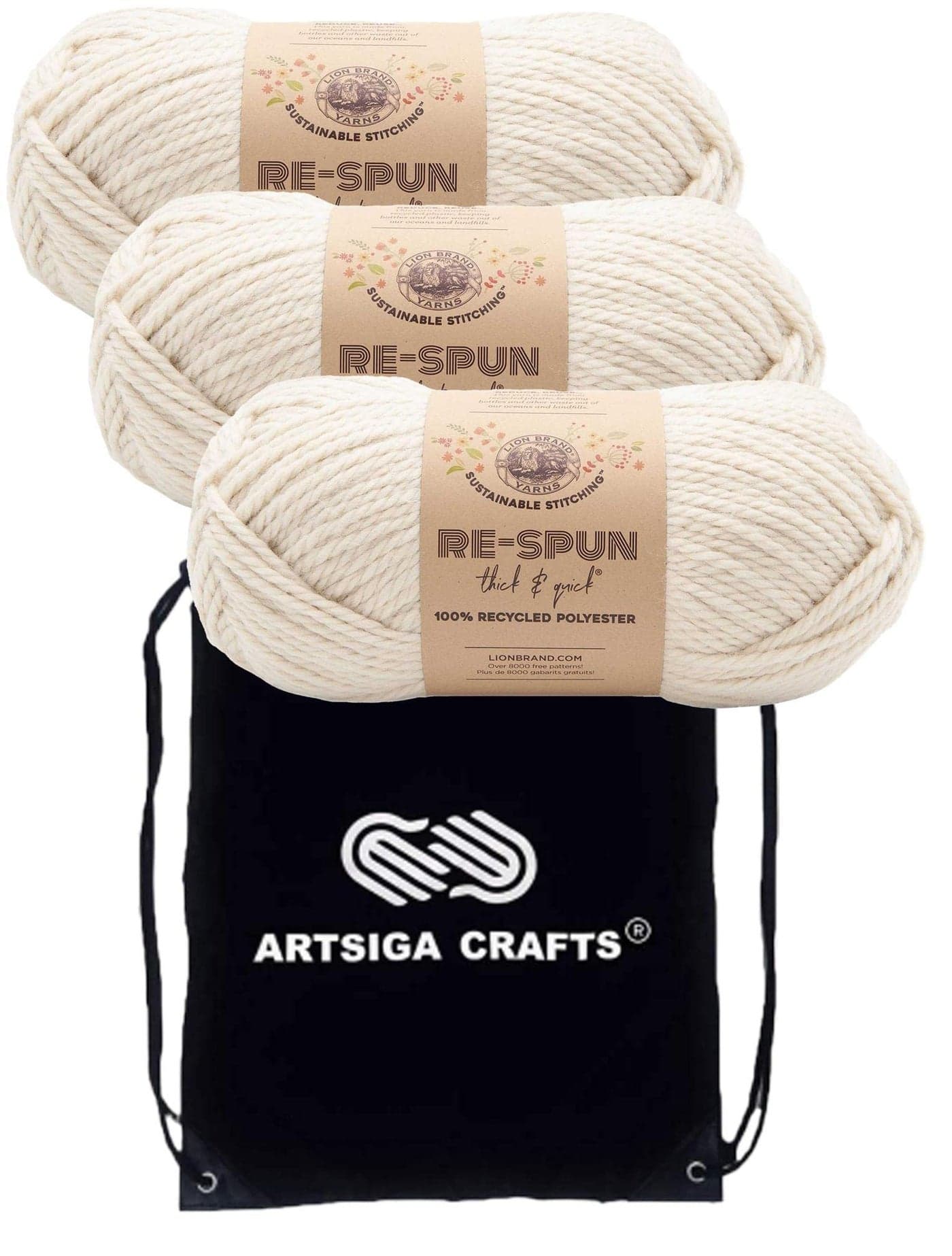 Lion Brand Re Spun Thick Quick Whipped Cream 843098 3Skeins Same Dye Lot Weight S Bulky 6 Polyester Yarn for Crocheting and Knitting with Project Bag