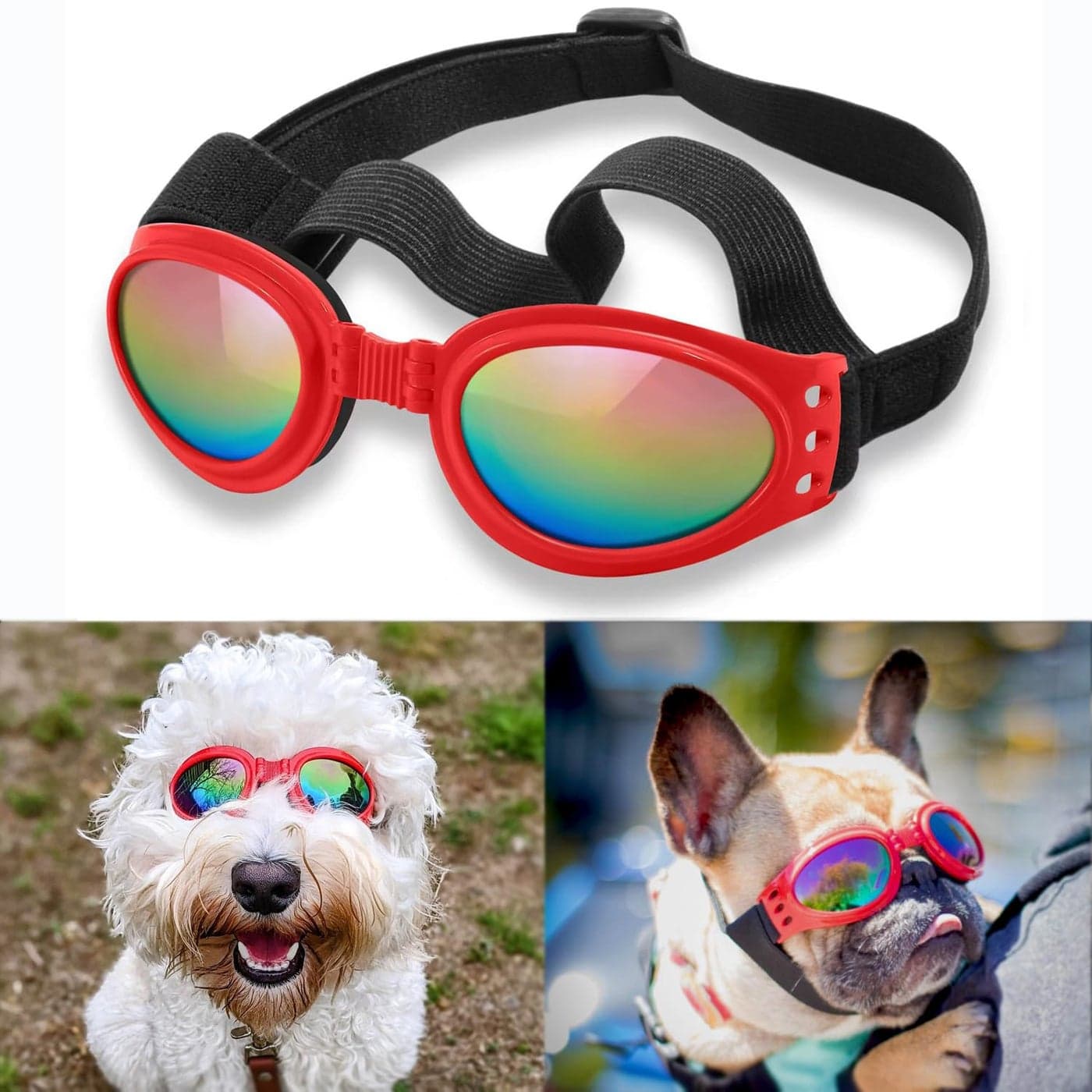 QUMY Dog Sunglasses Dog Goggles for Medium Large Breed Dogs, Wind Dust Fog Protection Eye Wear Pet Glasses with Adjustable Strap for Motorcycle Car Driving Bike Riding Hiking Swimming Over 15lbs Red