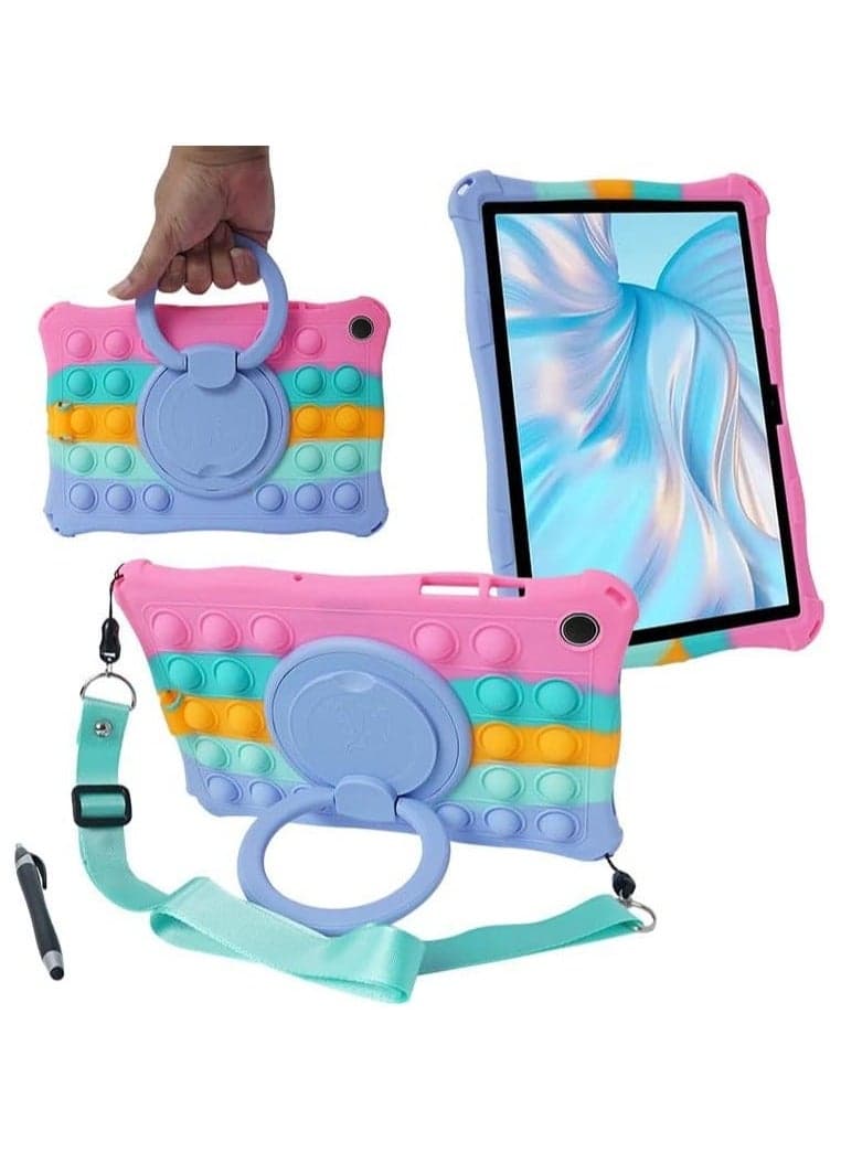 Case Compatible with Samsung Galaxy Tab A9 Plus/ A9+ Tablet 11 Inch 2023 Kids Soft Silicon 360 Rotating Ring Stand Cover with Should Strap and Pen (Colorful Pink)