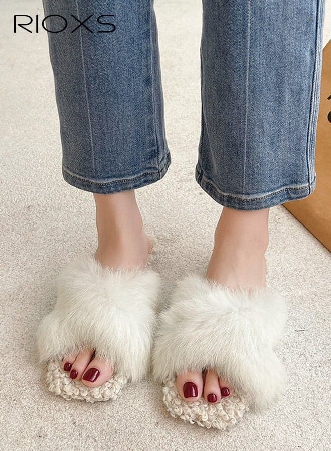 Furry Slippers for Women, Fuzzy Plush Slippers Women's Bedroom Slippers, Fluffy Open Toe Home Shoes, Furry Warm Comfy Slip Ons, Stylish Cross Band Fluffy Slippers for Ladies, Anti-slip House Slippers Flat Slides, Wedding Bridesmaid Slippers, Cozy Indoor Outdoor Slippers, White Fuzzy Slippers