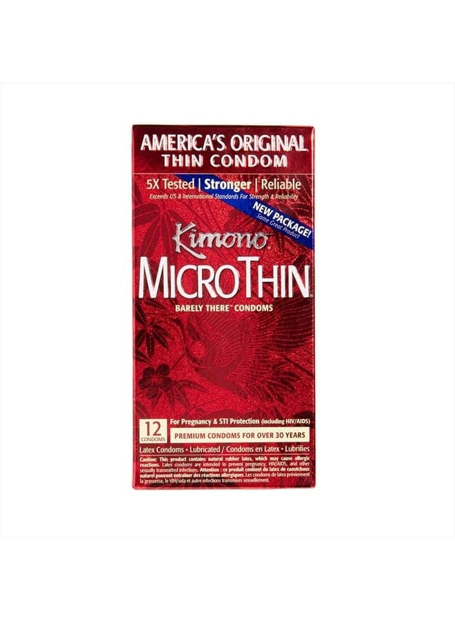 MicroThin Condoms - Premium Lubricated Natural Latex Condoms, Thinnest Condoms, Vegan-Friendly, No Latex Odor - Thin, Strong, and Extra Sensitive - Pack of 12