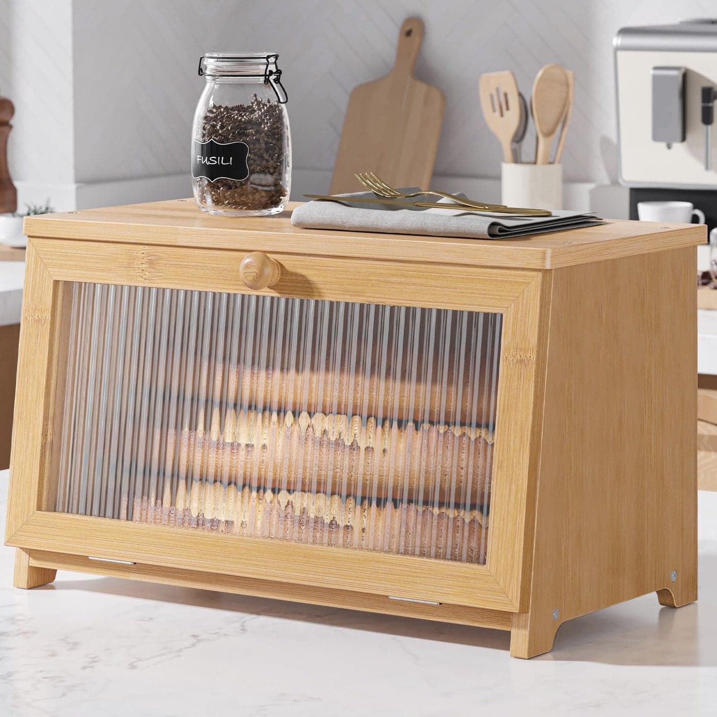 Kitsure Bread Box Wooden Bread Box for Kitchen Countertop Large Capacity Kitchen Countertop Organizer Stylish Bread Storage with Window Multifunctional Container Bamboo 150x83x91 1T