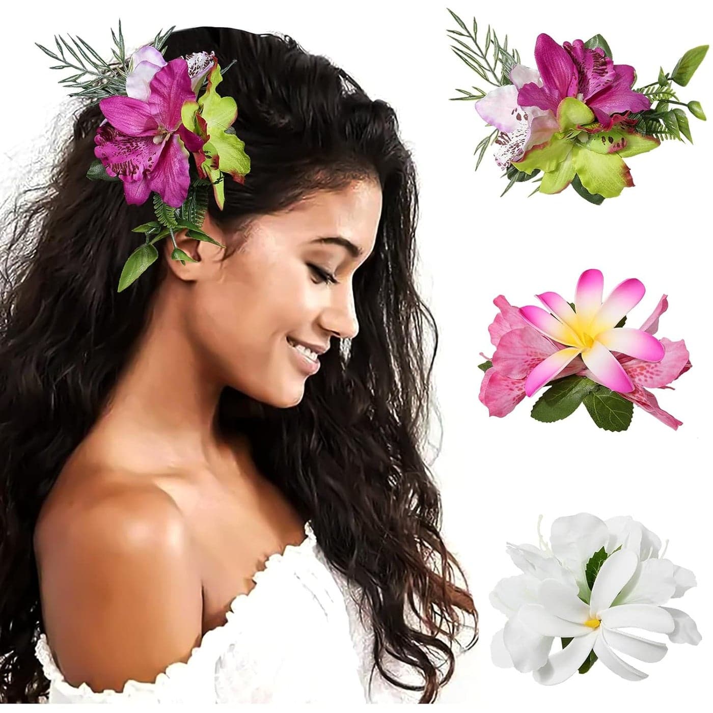 HAIMEIKANG Hawaiian Hair Clip 3 Pieces Tropical Flower Hair Pins Artificial Hawaiian Flower Hair Accessories in White Rose Red and Purple for Women Wedding Hair Piece