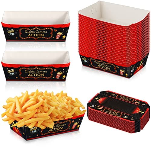 Tegeme 30 Pieces Medium Movie Night Snack Trays Party Supplies Red Nacho Paper Food Trays Movie Theme Decoration Popcorn Paperboard Holder for Theater Birthday Party Favors