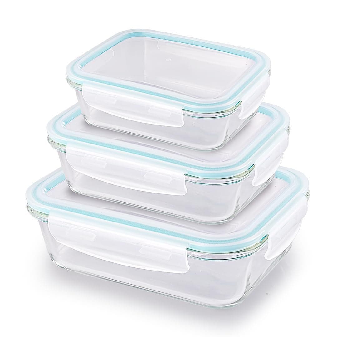 ATTRO Glassox Classic Rectangle Lunch Box with Locking Lid Borosilicate Glass Lunch Box Fridge Organizer Microwave Freezer Safe Set of 3 370 ML 630 ML 1040 MLTransparent