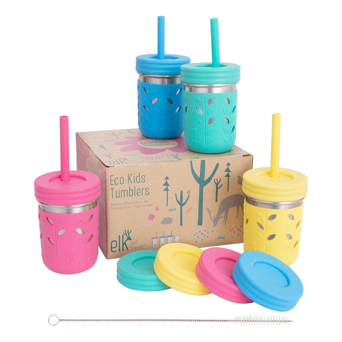 Elk and Friends Stainless Steel Cups 10 oz Mason Jar design Kids Toddler Cups with Silicone Sleeves Straws with Stopper Smoothie Cups