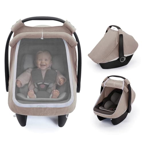 Blissful Diary Baby Car Seat Cover Extra Large Mesh Window Breathable Muslin Cotton Infant Windproof Canopy Agreeable Gray