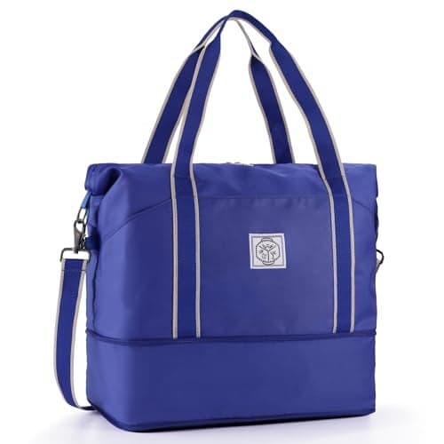 WALNEW Travel Duffel Bag, Weekender Overnight Carry On Bag for Women Men, Foldable Waterproof Gym Luggage Duffle Bag with Metal Buckle Detachable Shoulder Strap and Wet Compartment (Klein Blue)