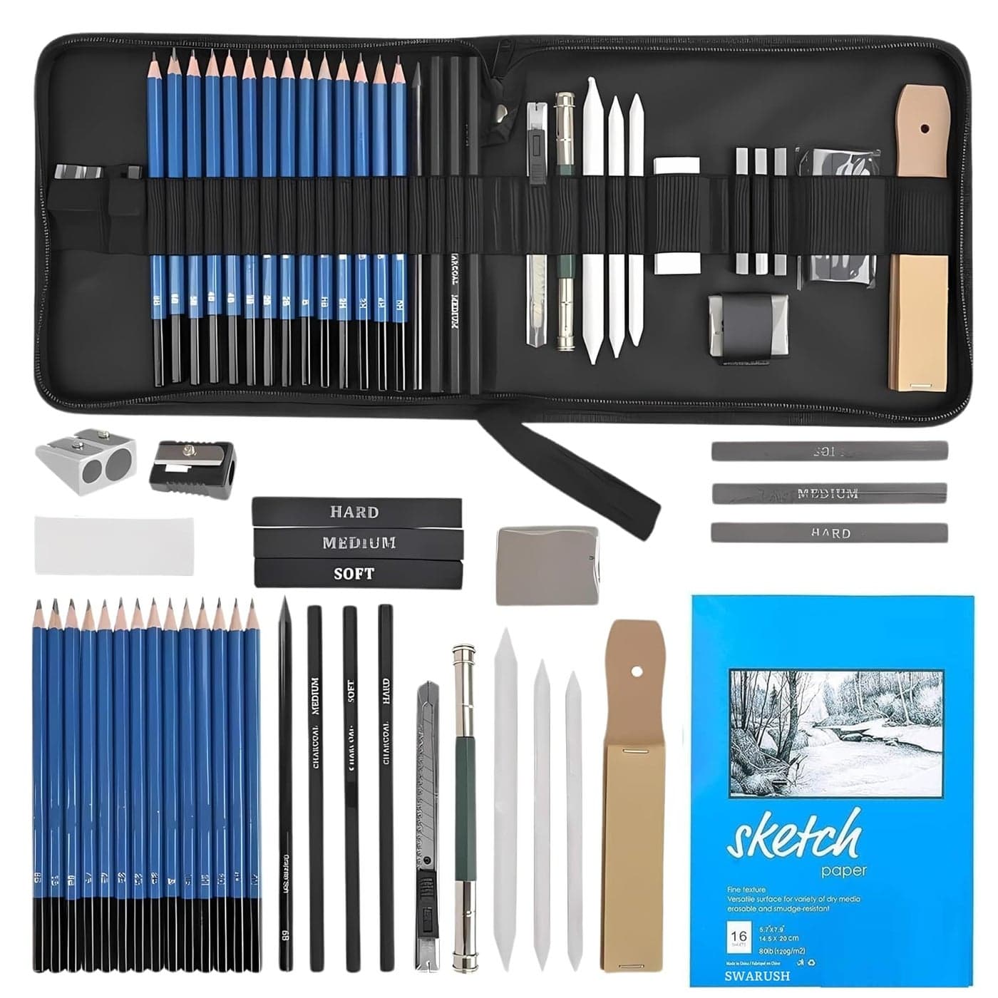 Swarush 35 Pcs Professional Drawing Sketching Pencil Set Complete Graphite Charcoal Pencils Kit for Artists Art Supplies with Shading Pencils Erasers Blending Stumps More Ideal for Artists