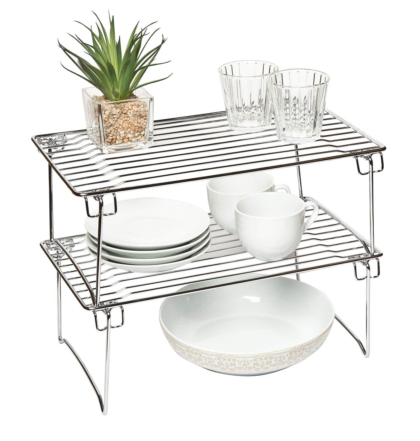 Amtido Kitchen Cupboard Organiser Storage Shelf Rack Stands for Cabinets Pantry Countertop Organisation Stackable Chrome 2 Pack