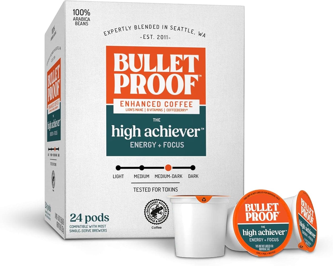 Bulletproof The High Achiever Enhanced Coffee Pods, 24 Count, Medium-Dark Roast for Energy and Focus