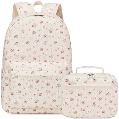 Octsky School Backpack for Girls Teens Corduroy Bookbags with Lunch Box, Women Travel Daypacks, Pink Flowers