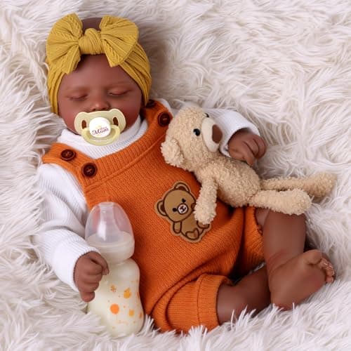 BABESIDE Lifelike Reborn Baby Dolls Black 20 Inch Realistic Black Baby Doll Girl Newborn Real Life Baby Dolls Soft Vinyl Cloth Body with Feeding Kit Gift Box for Kids Ages 3