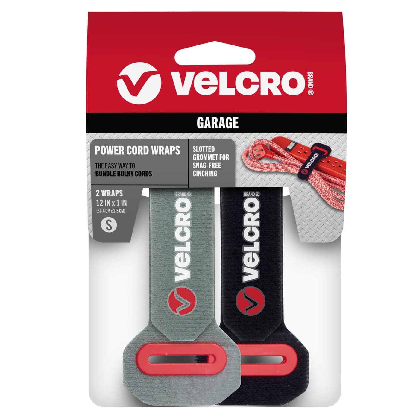 VELCRO Brand Power Cord Wraps | Heavy Duty Straps for Extension Cords, Ropes, Cables | Reinforced Slotted Grommet for Strong Snag Free Cinching | 12 Inch, 2Pk, Black and Gray