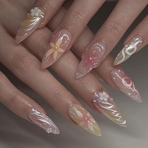 Almond Press on Nails Medium Fake Nails Ombre with 3D Flower Design Glossy Full Cover False Nails for Women Manicure 24Pcs