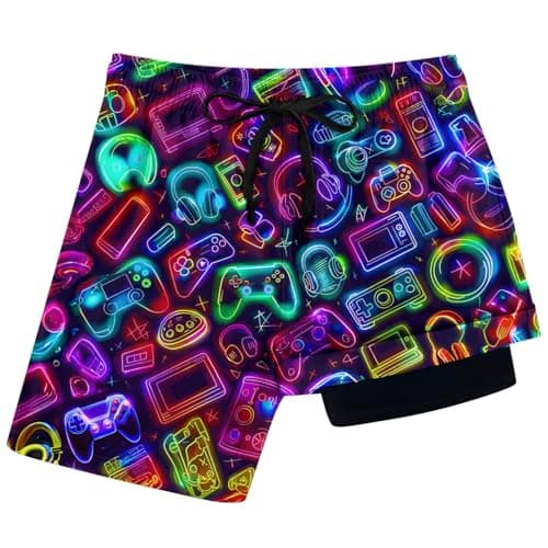 Boys Swimming Trunks with Boxer Brief Liner Funny Surfing Sports Swimsuit Size 7 Neon Earphone Game Console Gamepad Board Shorts