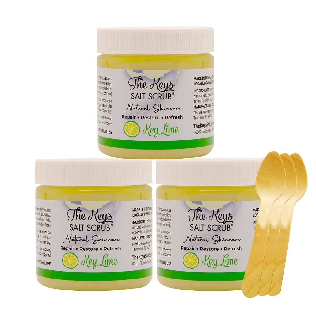 The Keys Sea Salt ScrubExfoliating Body Scrub with Wooden Spoon Organic Florida Key Lime Face Hand Foot Bikini scrub Sea Salt Body Exfoliator with Essential Oils Key Lime 34 oz 3 Pack