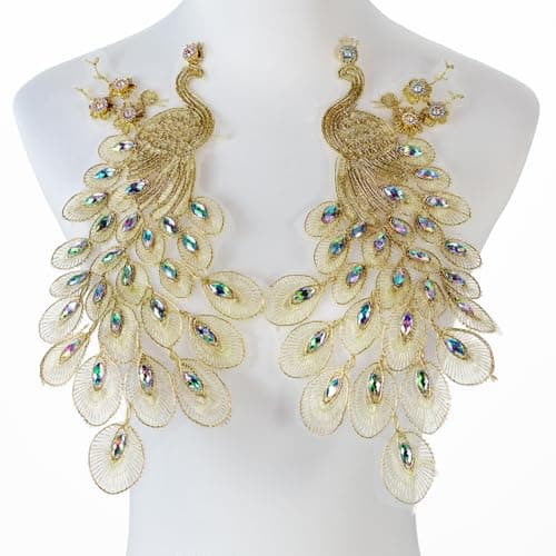 Silvora Pair Embroidered Beaded Pearl Peacock Fabric Colorful Rhinestones Applique Handmade Sewing Tool for Wedding Dress Gown Bodice Costume Clothing Craft DIY Gold