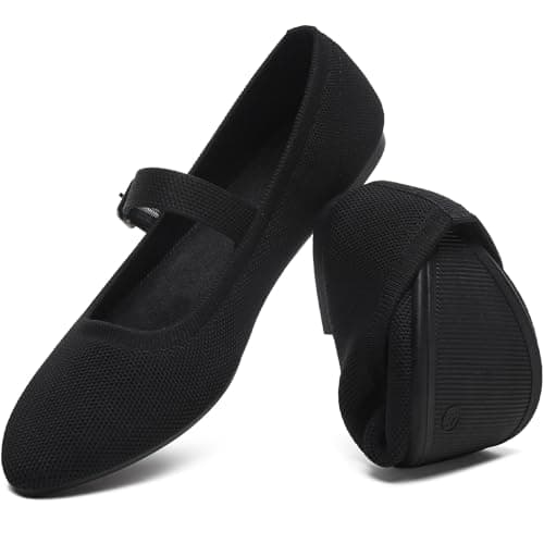 HEAWISH Women's Ballet Flat Shoes Mary Jane Pointed Toe Mesh Flats,Comfortable Slip on Ladies Shoe with Adjustable Strap,Casual Office Dress Flats for Work(Black,US7)