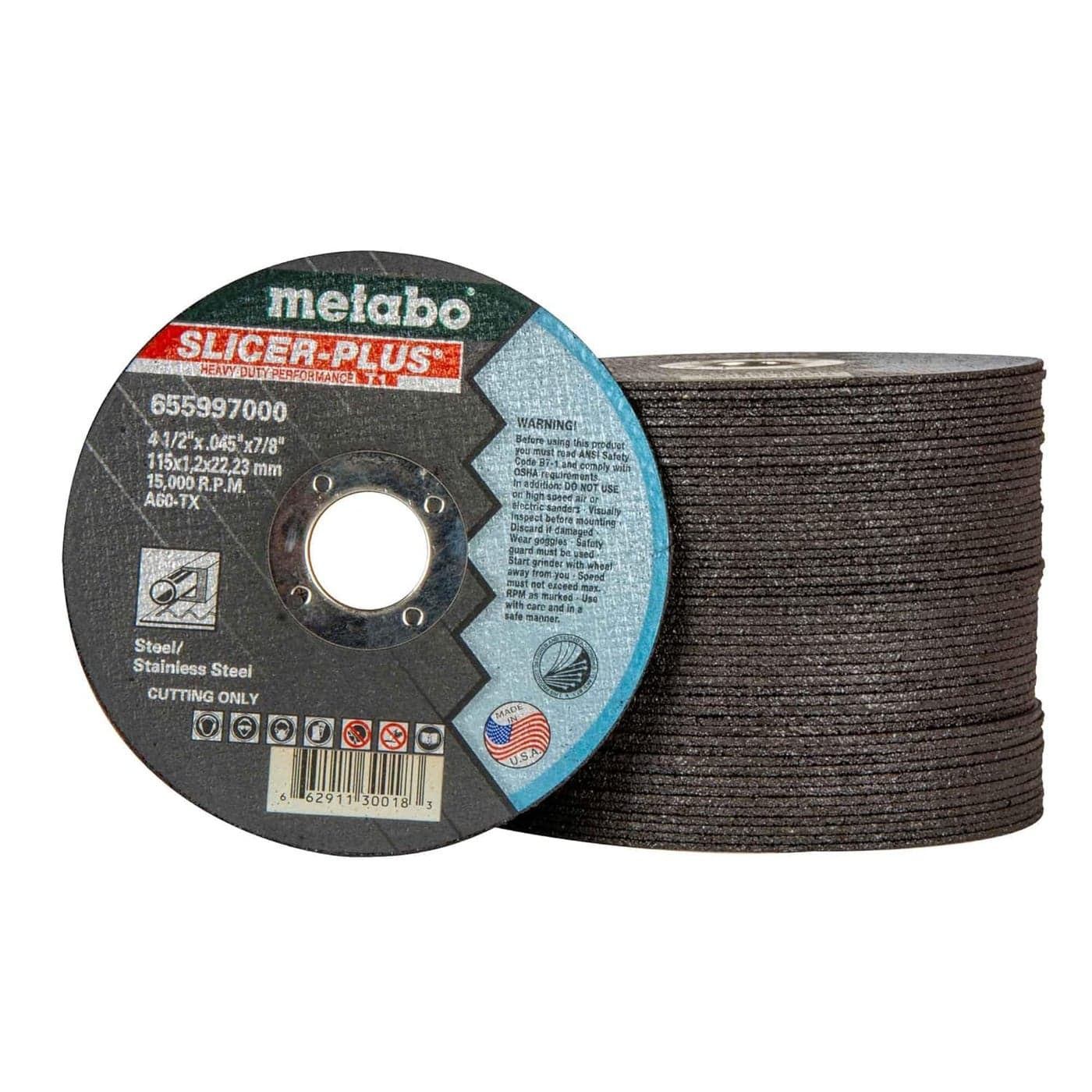 Metabo 655997000 50Pack 412inch Slicer Plus Cutting Wheel Type 1 45 x 045 x 78 A60TX Zirconia Alumina Super Performance Improved Performance in Steel Stainless Steel