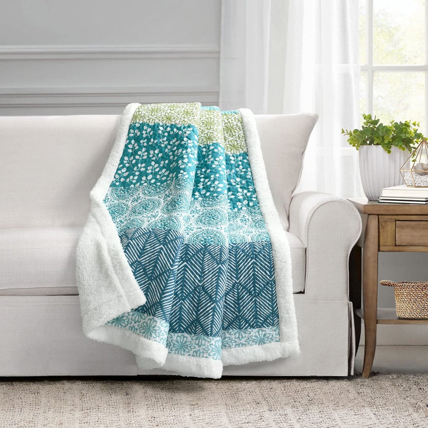 Lush Decor Bohemian Stripe Sherpa Throw Blanket 50 W x 60 L Blue Green Bold Colorful Boho Stripe Design Quilted Print Soft Sherpa Blanket For Bed Couch Or Chair