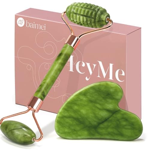 BAIMEI IcyMe Gua Sha and Jade Roller for Face Natural Jade Face Roller with Ridge Design for Reducing Puffiness Skin FirmingFacial Sculpting Tool Self Care Gift for Women Men