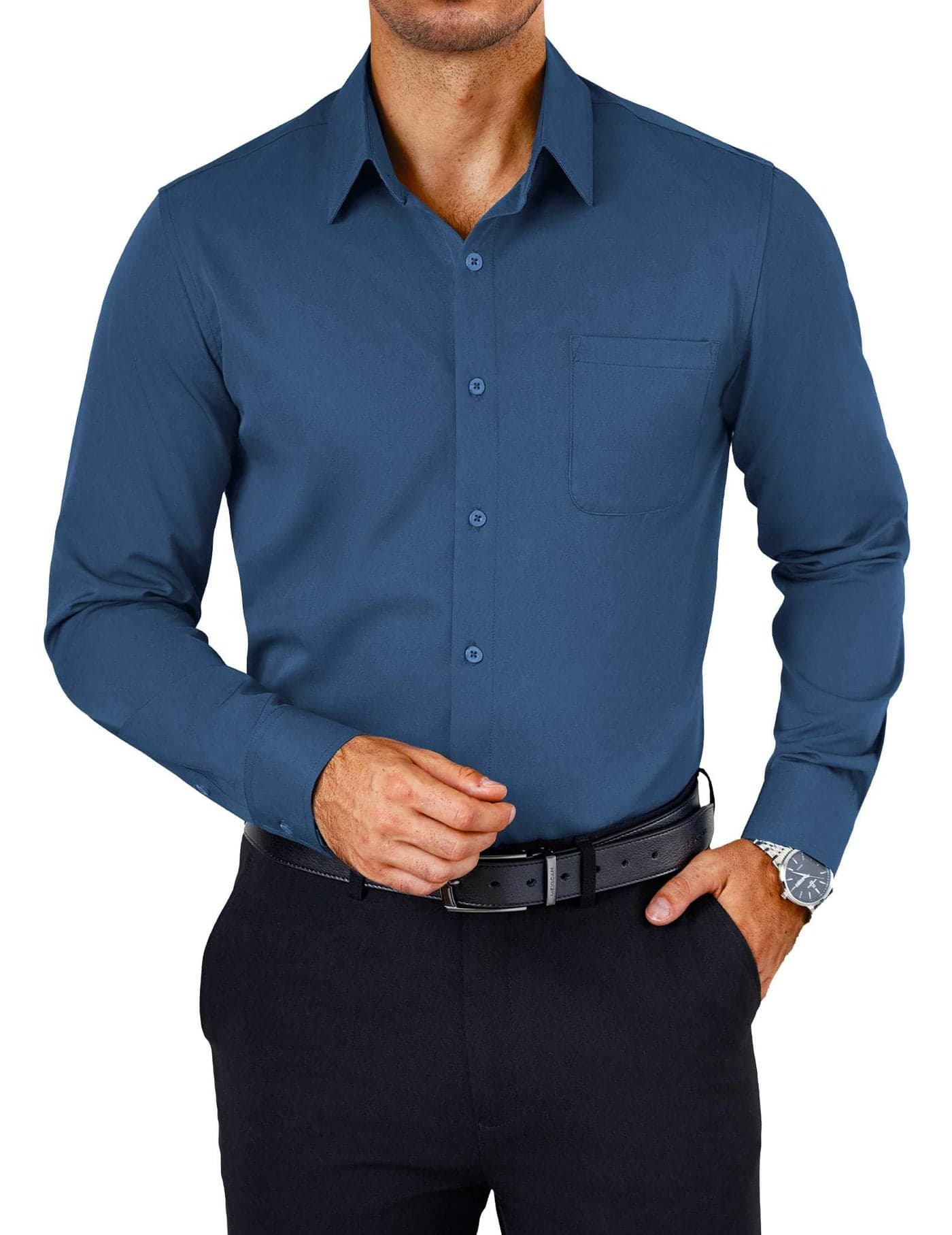 COOFANDY Mens Slim Fit Dress Shirt Wrinkle Free Long Sleeve Button Down Shirts Formal Business Shirts Denim Blue