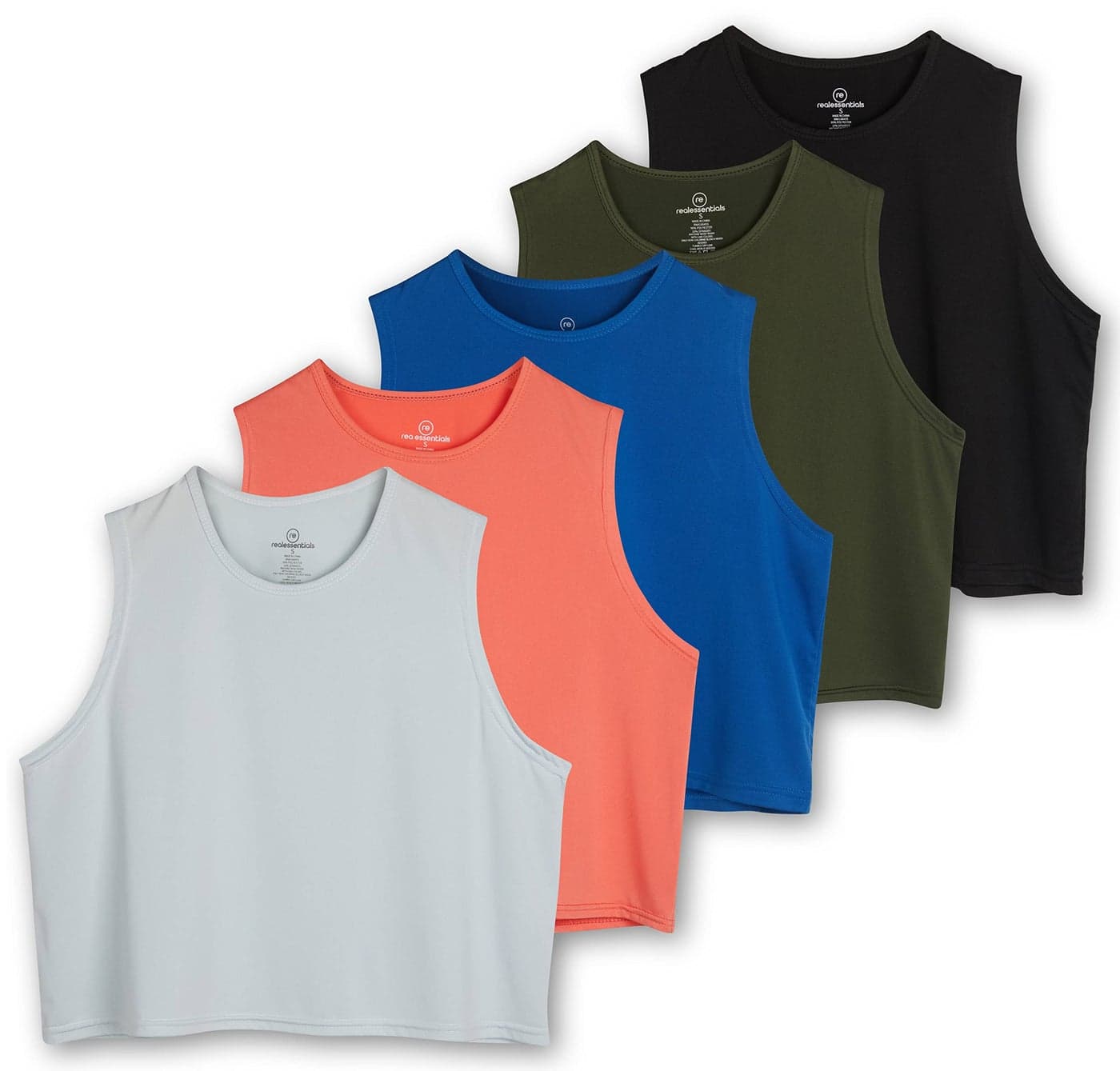 Real Essentials 5 Pack Womens Dry Fit Crop Summer Tank Top Gym Yoga Workout Sports Tee Available in Plus Size Set 8 M