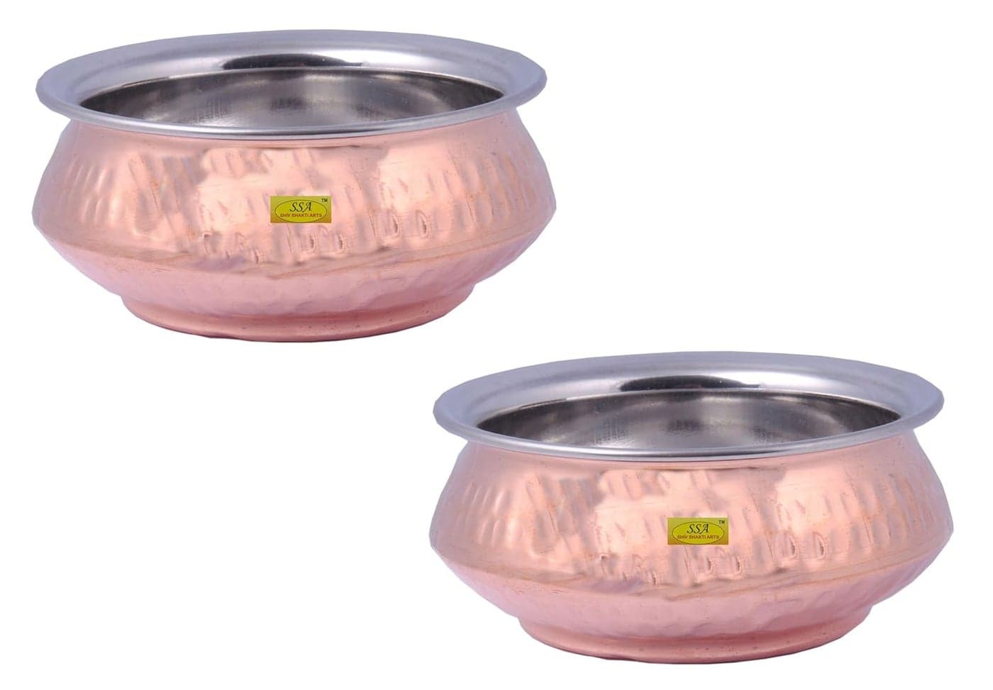 SHIV SHAKTI ARTS Handmade Pure Set of 2 Steel Copper Handi No 1 Volume350 ml Mughlai Design Hammered Design Curved Shape Homeware Hotelware DinnerwareFor Serving Curry Dal Bhaji Sabji Purpose