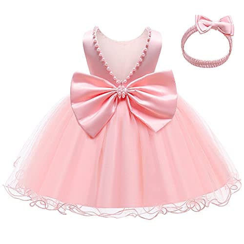 LZH Baby Girls Dresses Ruffle lace Backless with Headwear,Baby Girl Birthday Dress,Baby Girl Baptism Dress Party Wedding Pink