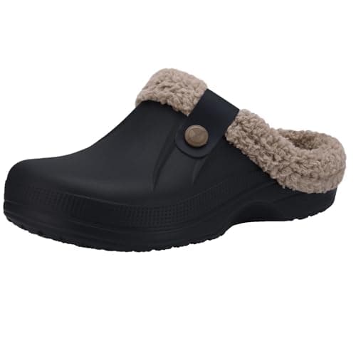 Beslip Classic Fur Lined Clogs Waterproof Winter Fuzzy Slippers for Women Men Indoor and Outdoor Indoor and Outdoor, Black and Khaki Women Size 7.5-8.5