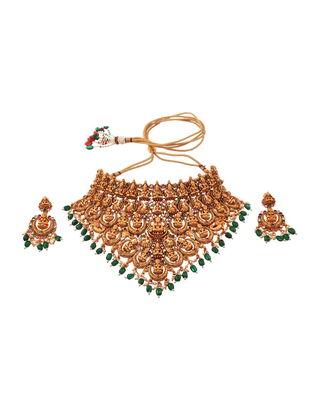 SARAF RS JEWELLERY SARAF RS - Choker Set: Exquisite Temple Design with Dangling Green Beads For Women