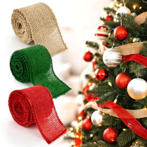 RAINFLOW Christmas Burlap Ribbon for Gift Wrapping 3 Rolls Natural Burlap Fabric Thick Jute Wired Ribbon for Crafts Flower Bouquet Gift Wrapping Christmas Tree Decorations Wide 2 inch 9 Yard