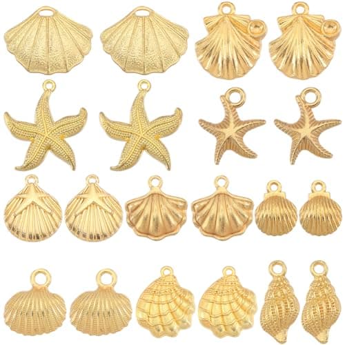 SUNNYCLUE 1 Box 60Pcs 10 Styles Seashell Charms Gold Starfish Charm Bulk Alloy Conch Summer Ocean Life Theme Sea Animals Beach Charms for Jewelry Making Charms Necklace Bracelet Earrings Crafting DIY
