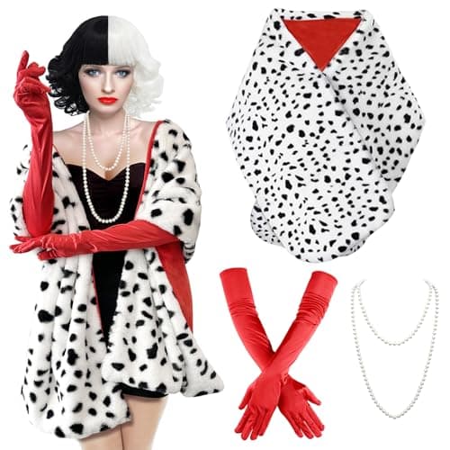 Pextian 4PCS Halloween Costume Women, Dalmatian Shawl, 1920s Red Gloves, Dalmatian Costume Women Coat for Halloween Cosplay Party