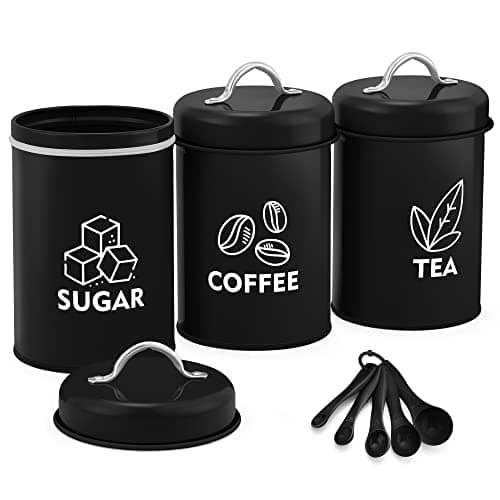 LIANYU 8 Piece Canister for Kitchen Counter, Large Food Kitchen Coffee Tea Sugar Metal Canisters Set with Spoons, Rustic Farmhouse Storage Set, Black