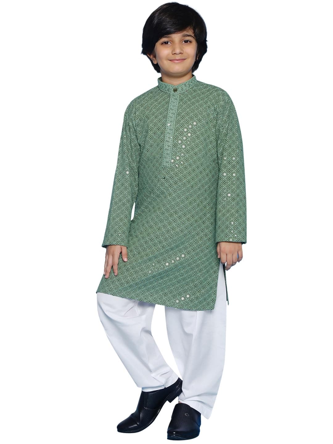AJ DEZINES Boys Ethnic Kurta Pajama Set | Cotton Full Sleeve Chikankari Kurta with Sequins | Traditional & Festive Outfit | Mandarin Collar, Regular Fit | Special Occasion Outfit for Kids | PISTA-10