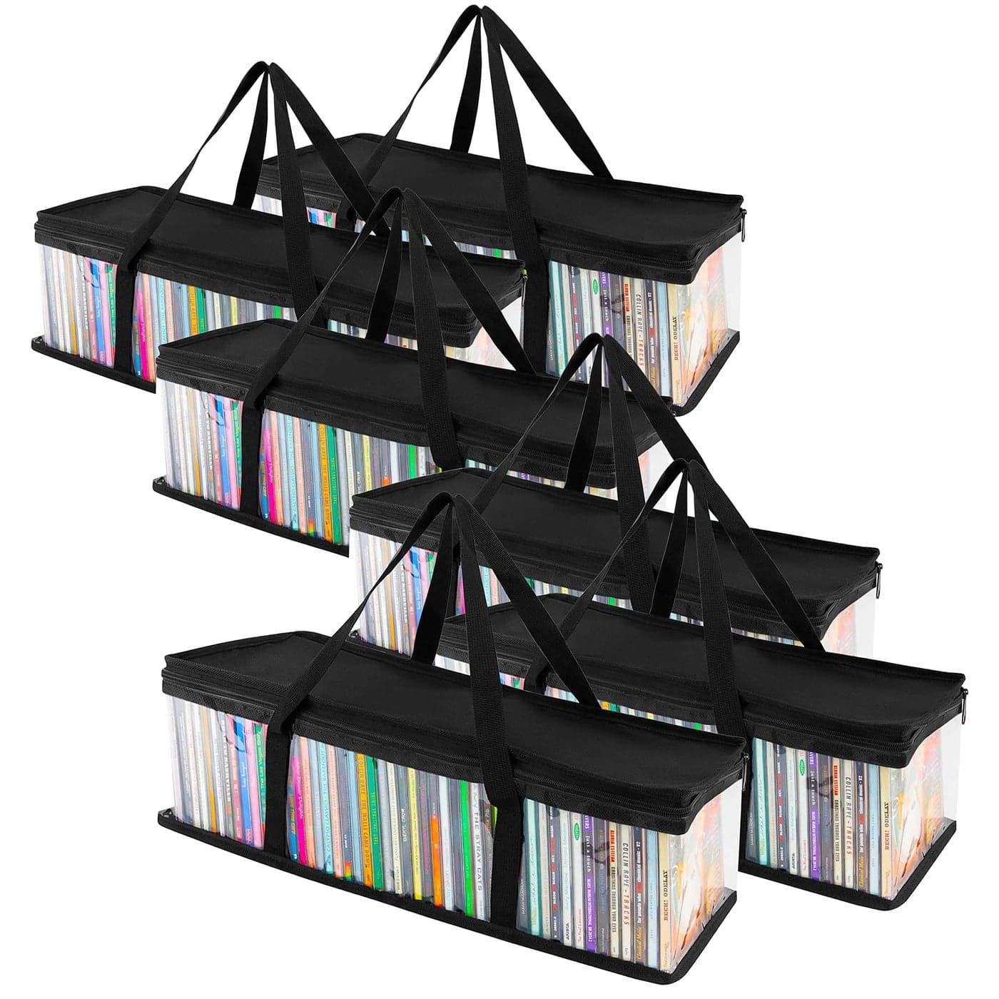 Stock Your Home CD Storage Bags 6 Pack Transparent PVC Media Storage Water Resistant Holder Case With Handles Clear Plastic Carrying Game Bag for Albums Video Games Books